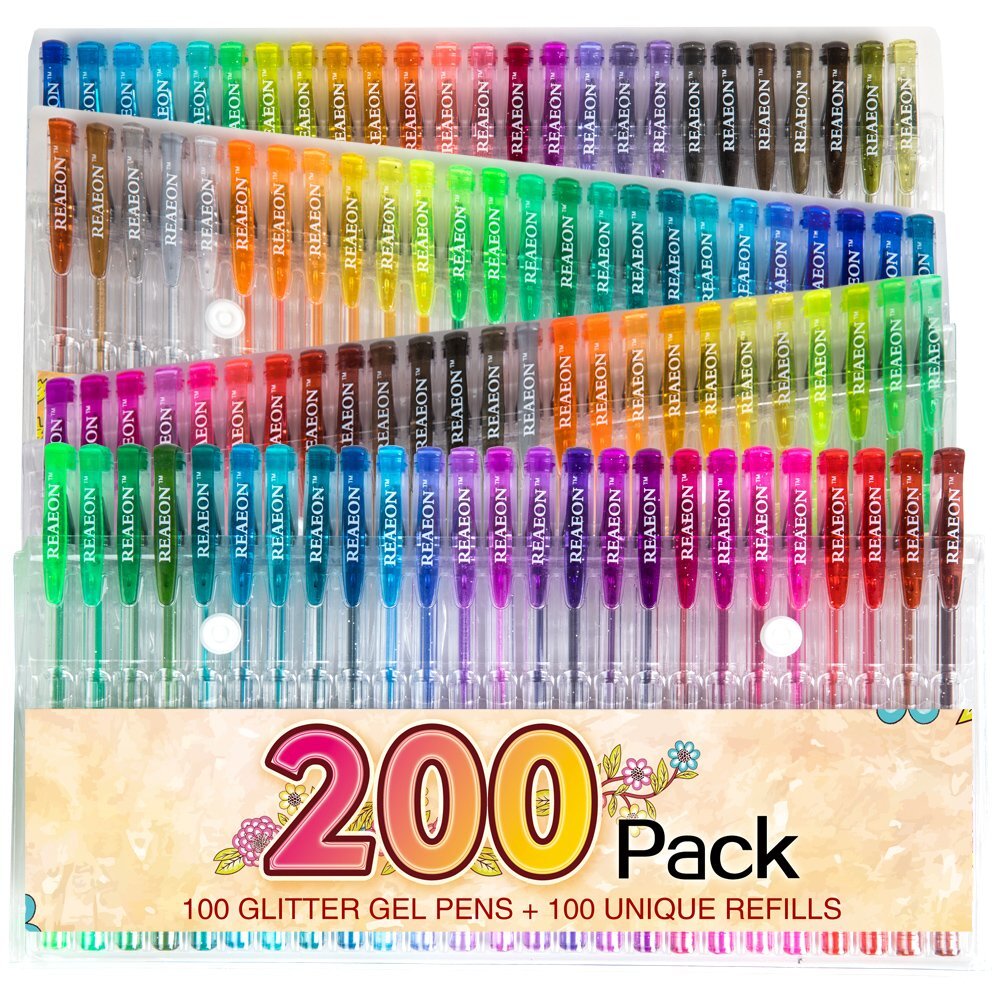 200-Color Glitter Gel Pen Set with 100 Pens & Ink Refills