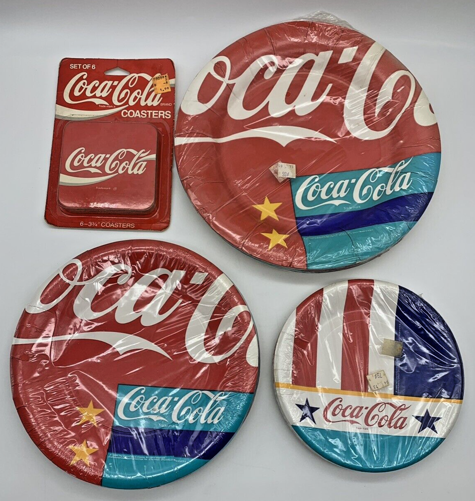 Vintage 1980s Coca Cola Birthday Party Paper Plates and Coasters NOS