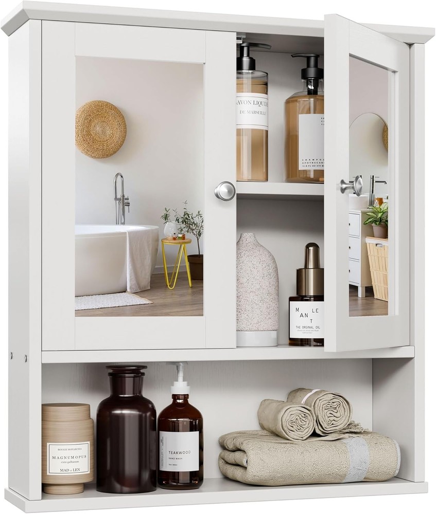 Modern Bathroom Wall Cabinet with Mirror and Open Shelf Storage