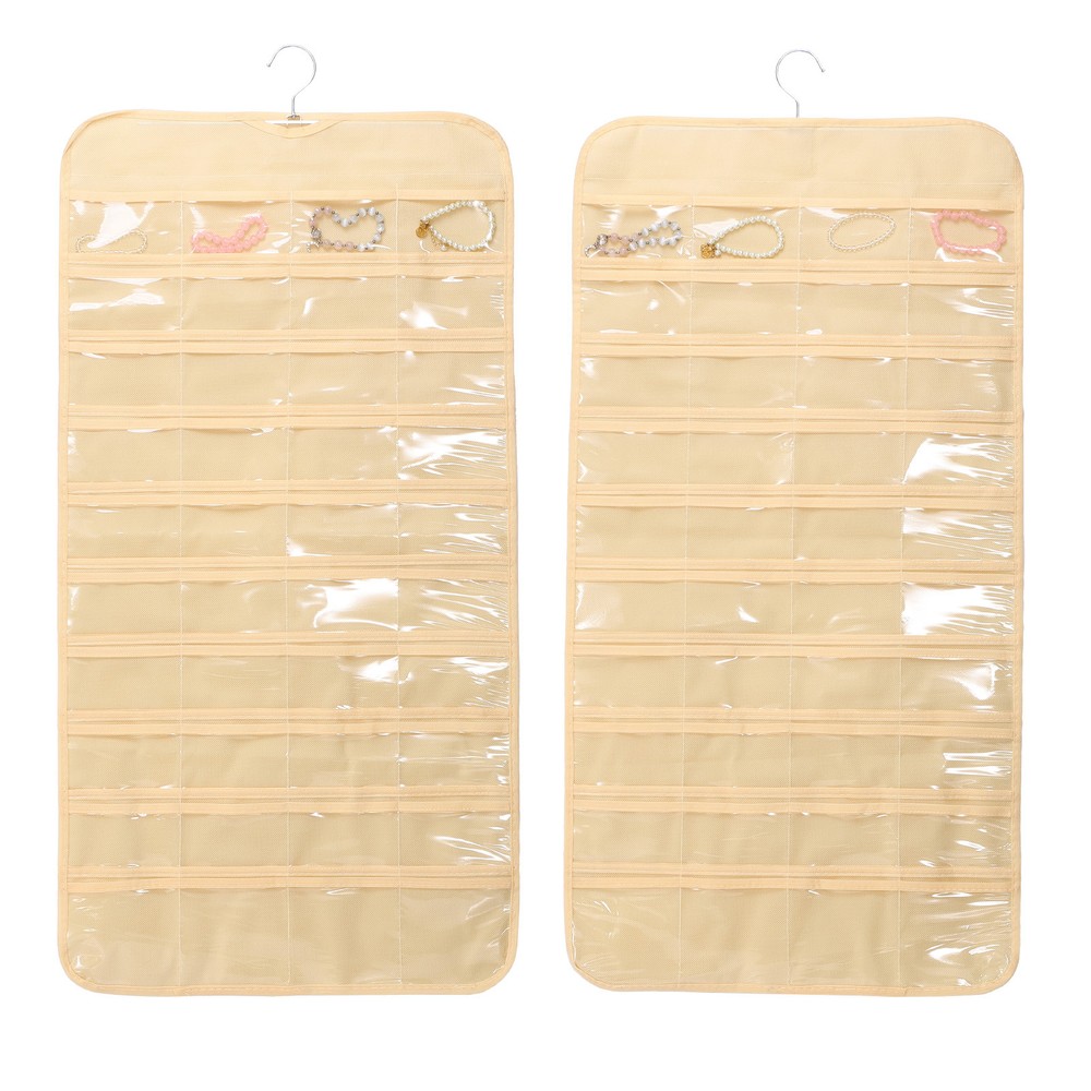 Dual-Sided Beige Jewelry Organizer with 80 Pockets for Necklaces Earrings & More  
