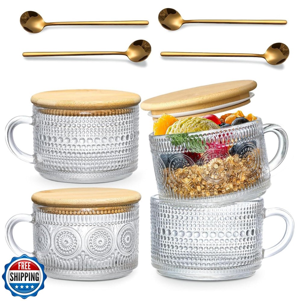 DOPUDO 4pcs Vintage Glass Coffee Mugs Cups, Overnight Oats Containers Glass C