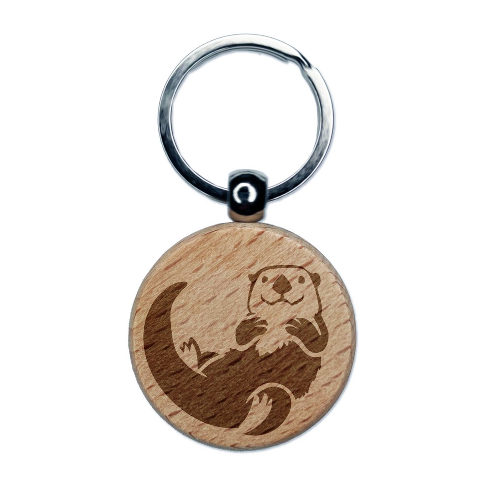 Floating Sea Otter Engraved Wood Round Keychain Tag Charm