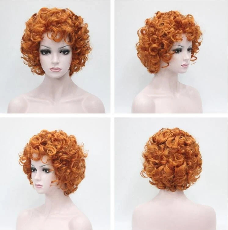 Women Wig Short Wavy Curly Wig Orange Red Ladies Hair Fluffy Wigs+Wig Cap