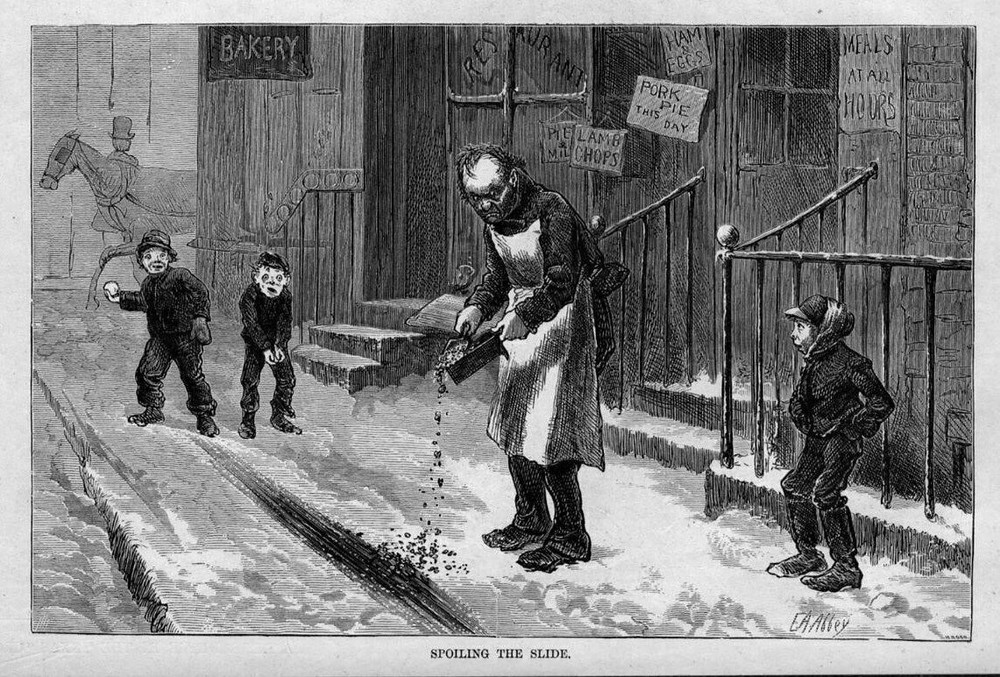 RESTAURANT OWNER SPOILING SLIDE FOR KIDS, ASHES, BAKERY, BOYS THROWING SNOWBALLS