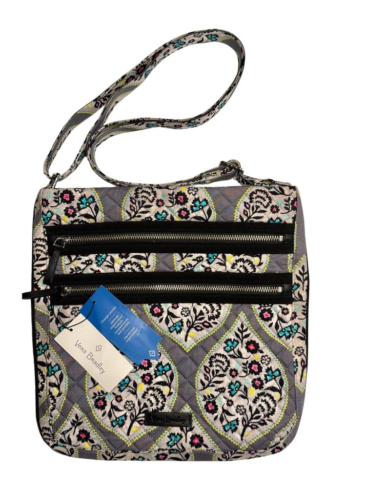 Vera Bradley Iconic Triple Zip Hipster Crossbody Bag Gray Floral NWT MSRP $68