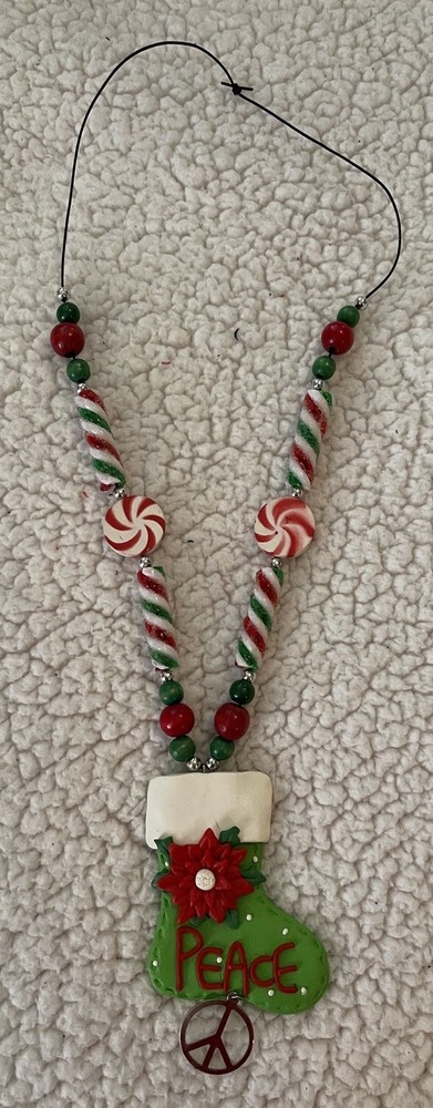 Holiday Beaded Peppermint Stockings with Peace Sign Christmas Necklace