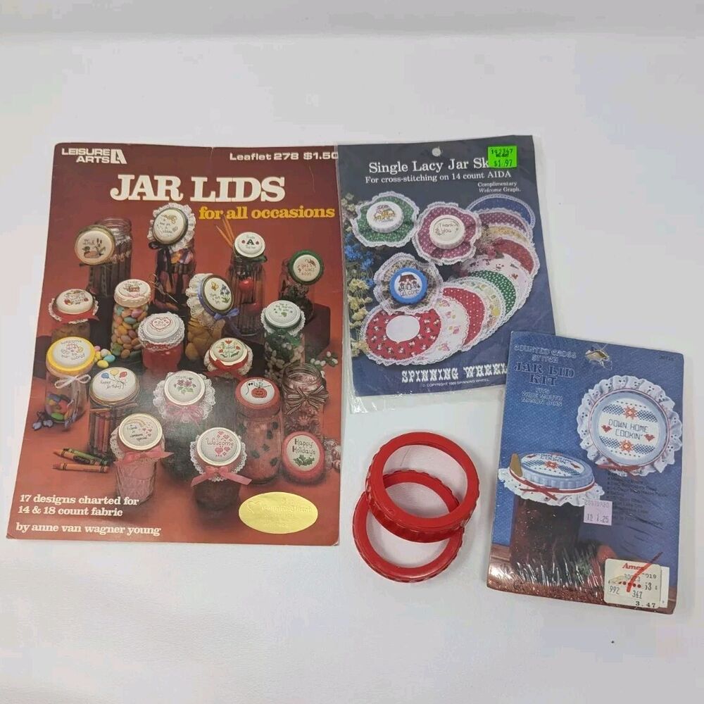 Cross Stitch Mason Jar Lids Patterns & Assorted Supplies