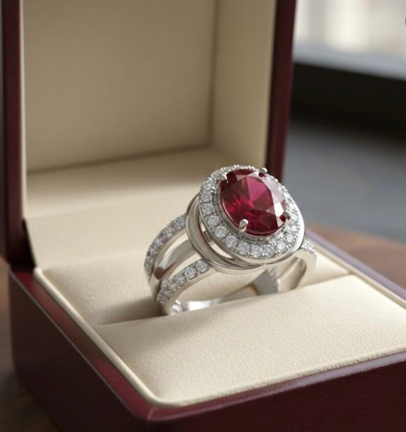 4.2Ct Oval Cut Natural Red Ruby &Diamond Real 14K White Gold Luxury Wedding Ring