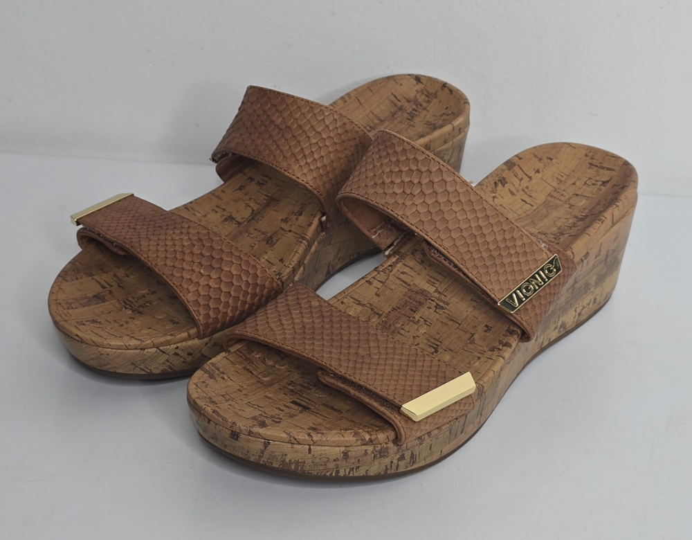 Vionic Womens Pepper Wedge Sandals Slip-On Double Strap Brown Gold Leather