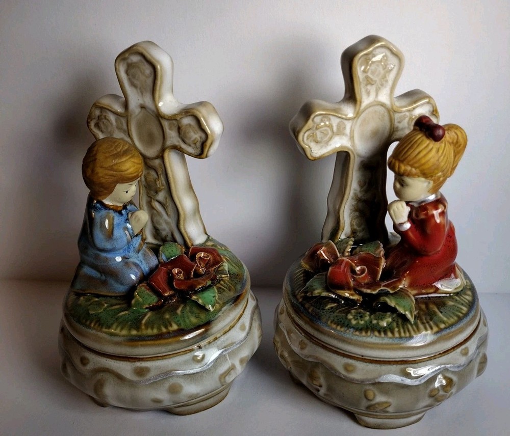Ceramic Praying Children Trinket Box Pair - Charming Decorative Keepsake