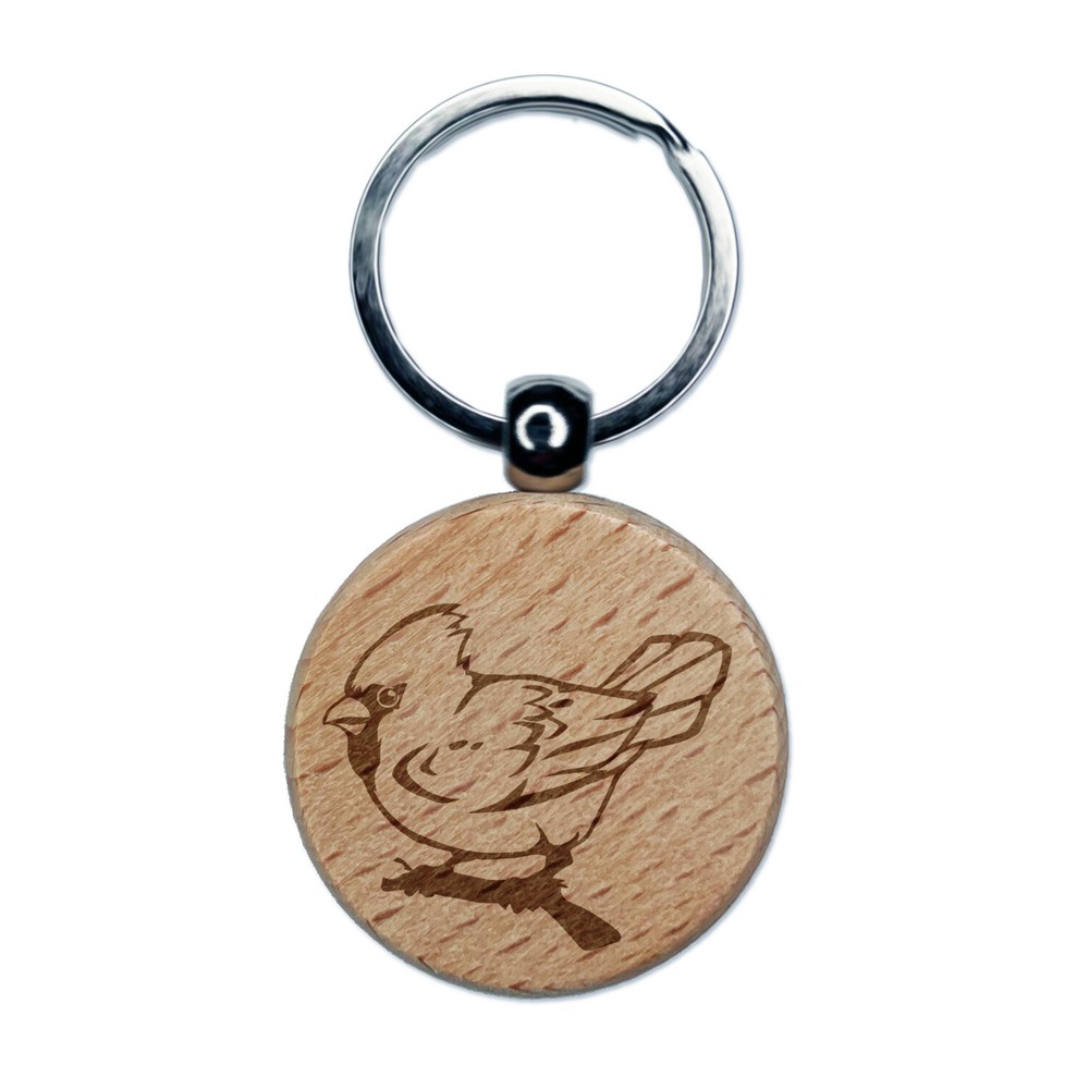 Winter Cardinal on Branch Engraved Wood Round Keychain Tag Charm