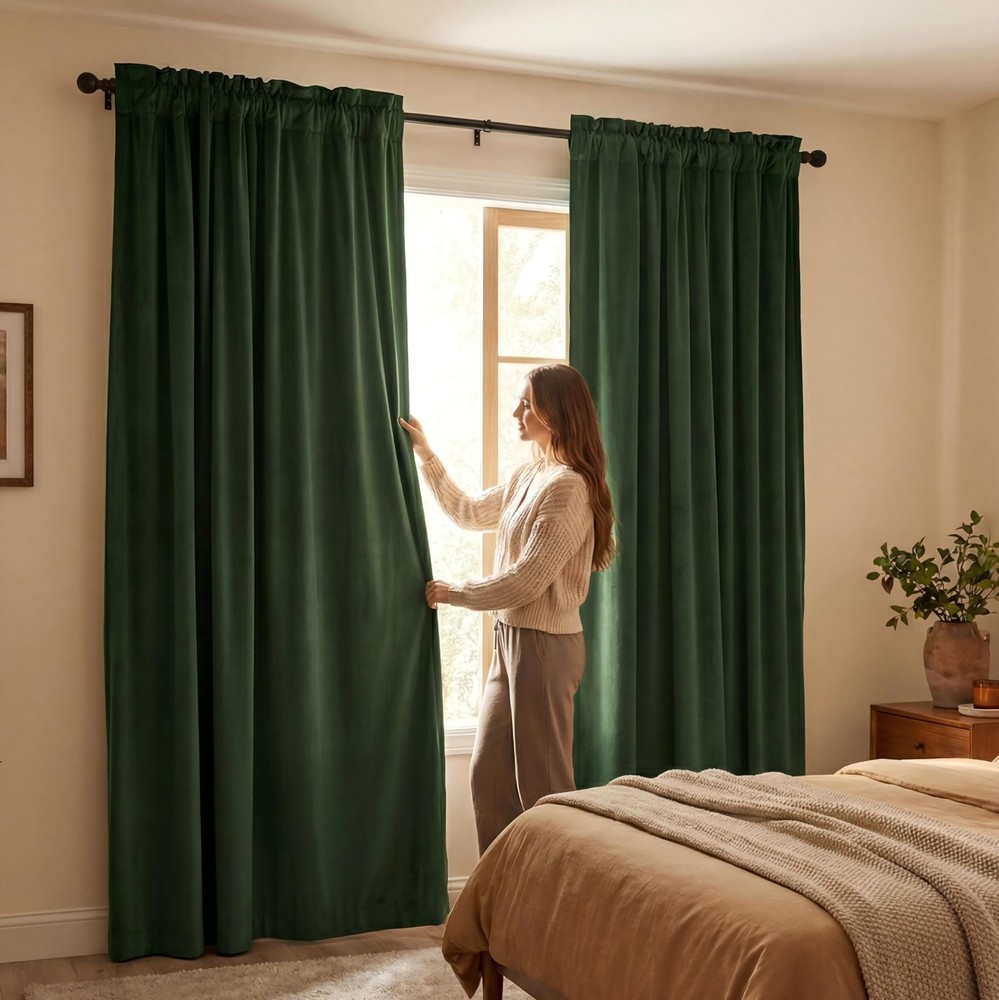 Dark Olive Green Velvet Blackout Curtains for Bedroom Living Room 84 inches L...