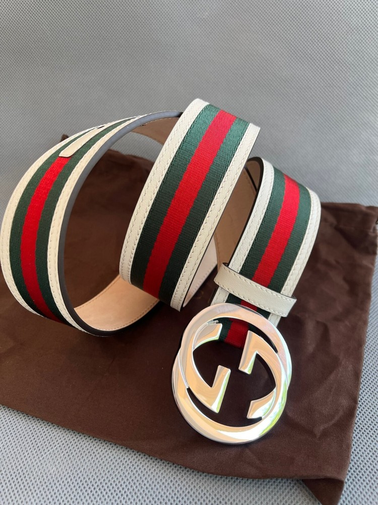 Gucci GG Interlocking Red Green White Stripe Leather Web Belt 100cm 34-36W