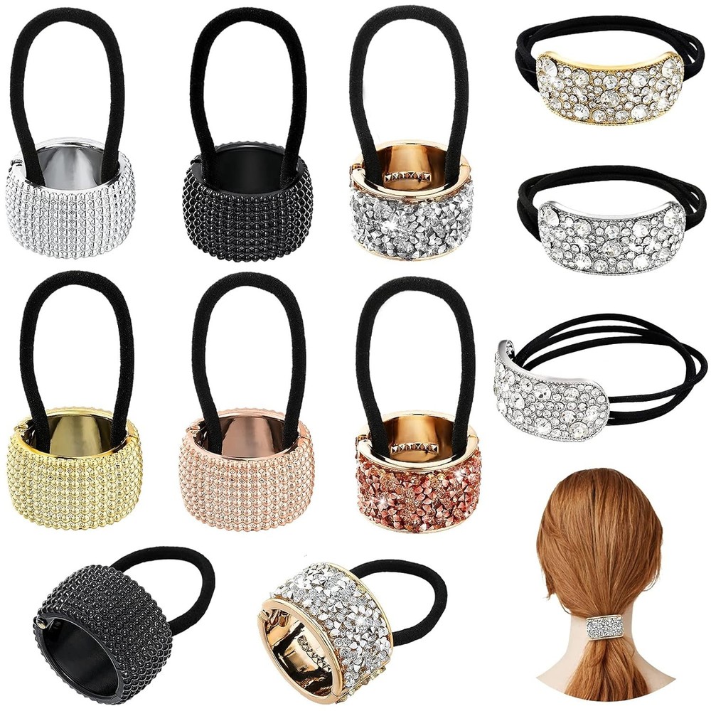 8 Pieces Rhinestone Hair Ponytail Holder Plastic Metal Gothic Punk Elastic Hair