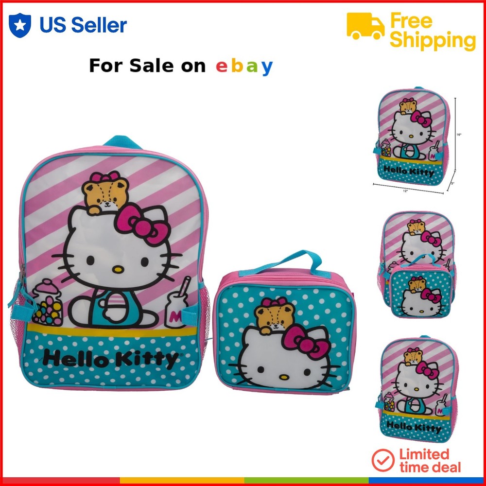 Hello Kitty 16in Pink Backpack Set with Lunch Box for Girls Kawaii School Bag