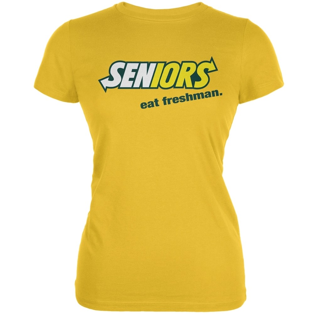 Back To School Seniors Eat Freshman Parody Bright Yellow Juniors Soft T-Shirt-image