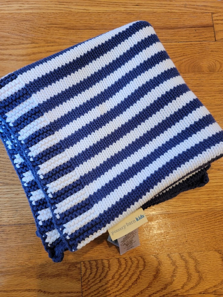 Baby Blanket Pottery Barn Kids Cable Knit Stroller Navy Nautical Striped 35 x 30