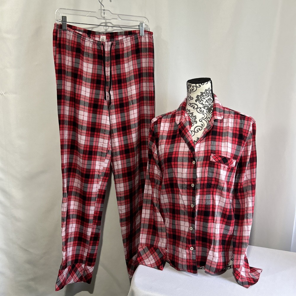 Victoria Secret Pajama Set Pants Red Pink Multi Plaid Flannel Sz S women pocket