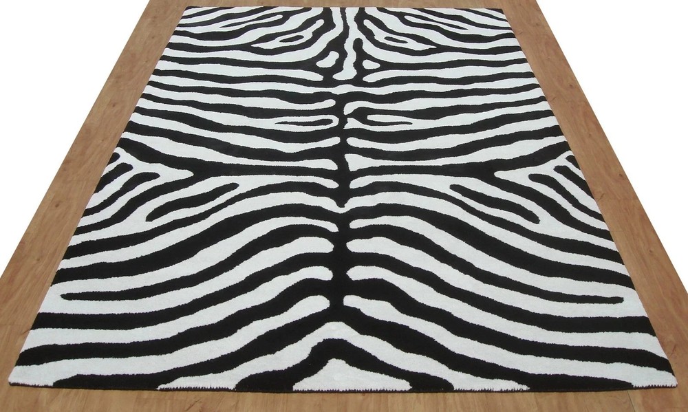 Black White Zebra Print Hand Tufted Area Rug 8x10 Modern Animal Pattern Carpet