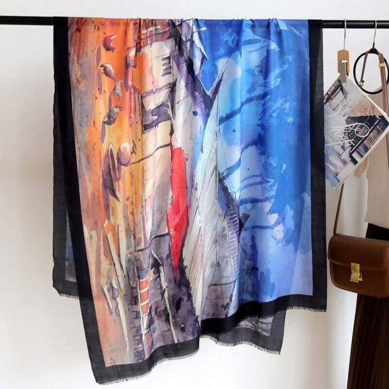 Cashmere Ring Scarf Wrap Soft Thin Delicate Country Print 78x39 Inches