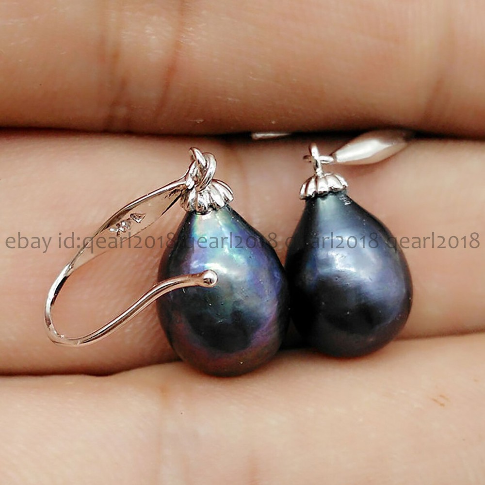 AAA+ 10-12mm Genuine Tahitian Black Baroque Pearl Dangle Hook Earrings in 14K Gold