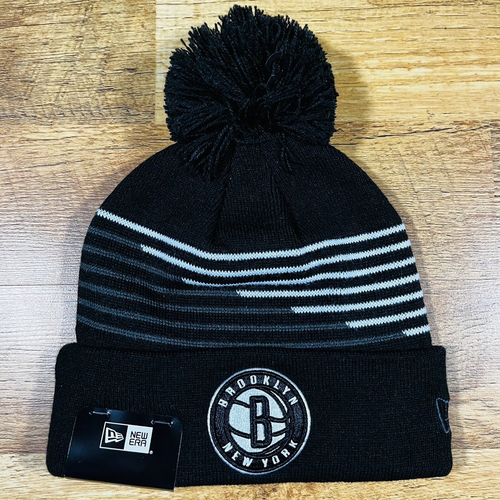 NEW ERA Brooklyn Nets Logo Pom Cuffed Beanie Toboggan Knit Zigzag Hat Cap NWT