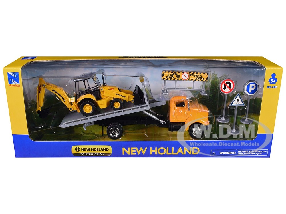 PETERBILT 335 Flatbed Truck with NEW HOLLAND B110C Backhoe and Signs by New Ray 16183