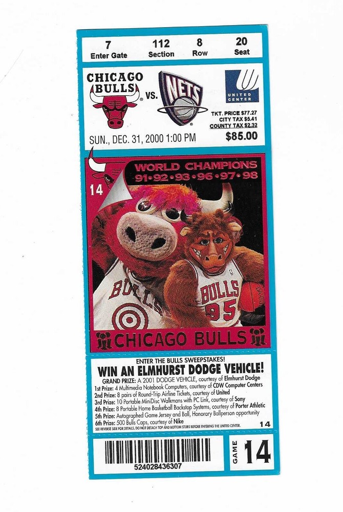 Chicago Bulls vs New Jersey Nets Unused Basketball Ticket from 12/31/2000