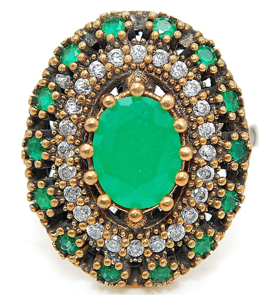 12CT Treated Emerald Ottoman Empire Style 925 Sterling Silver Ring Size 8 HB3-6