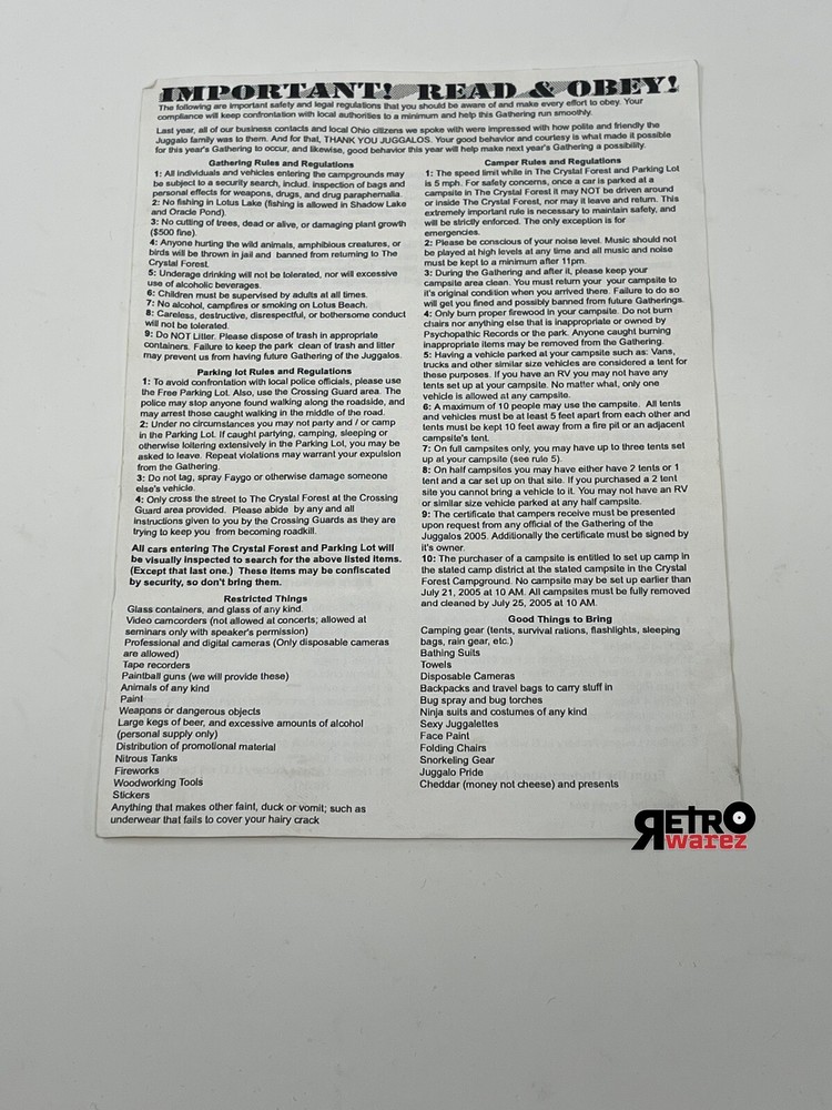 Insane Clown Posse - Gathering Of The Juggalos Rules Flyer 5x7” GOTJ twiztid icp