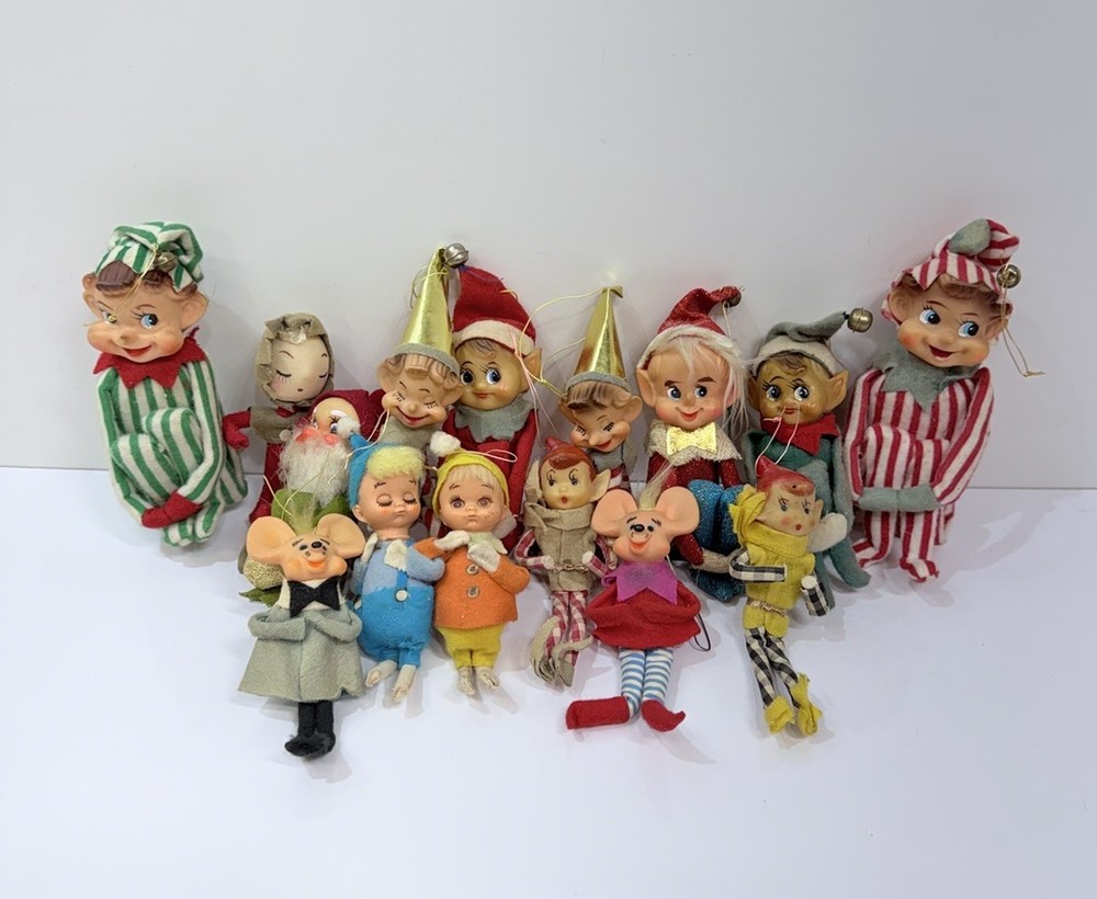 15 Vtg Elf Elves Mice Pixie Knee Hugger Christmas Ornament LOT Japan ☑️📝📸