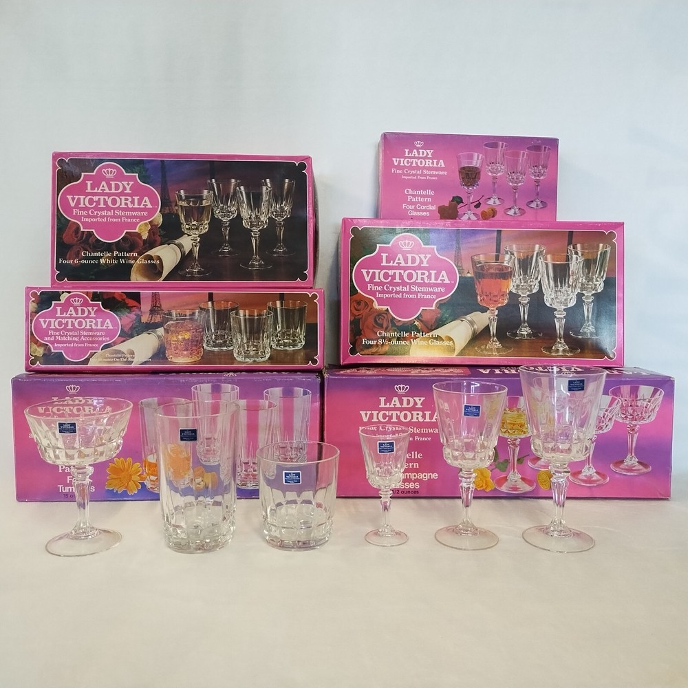 Elegant Lady Victoria Crystal Stemware Set for Champagne Wine France