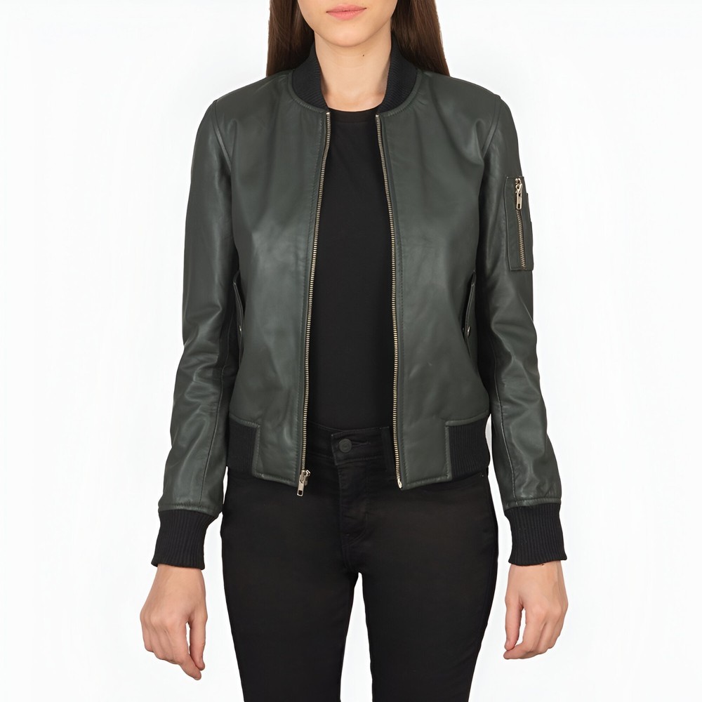 Green Sheepskin Leather Bomber Jacket for Men Women & Kids - Aviator Style