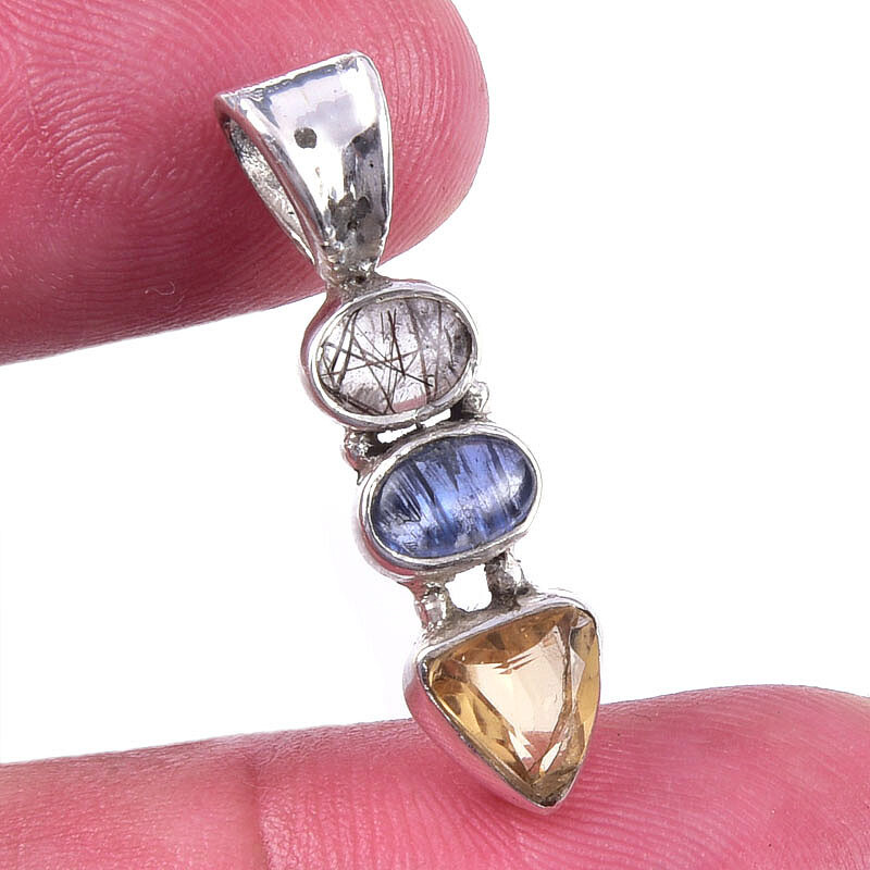 Natural Citrine & Kyanite 925 Sterling Silver Jewelry Pendant 1.25 Inch