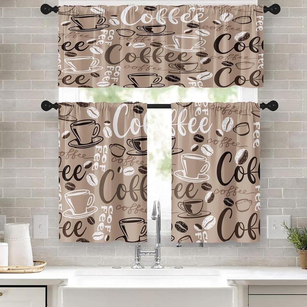 Coffee Kitchen Window Curtains Valance and Tier Set 36 Inch, Brown Farmhouse Rod