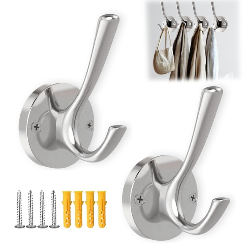 2-Pack Brushed Nickel Bathroom Towel Hooks, Double Wall Mounted Metal Bathroom