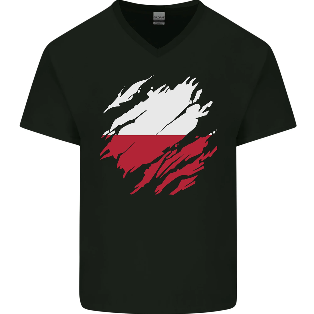 Torn Poland Flag Polish Day Mens Cotton V-Neck Football Tee