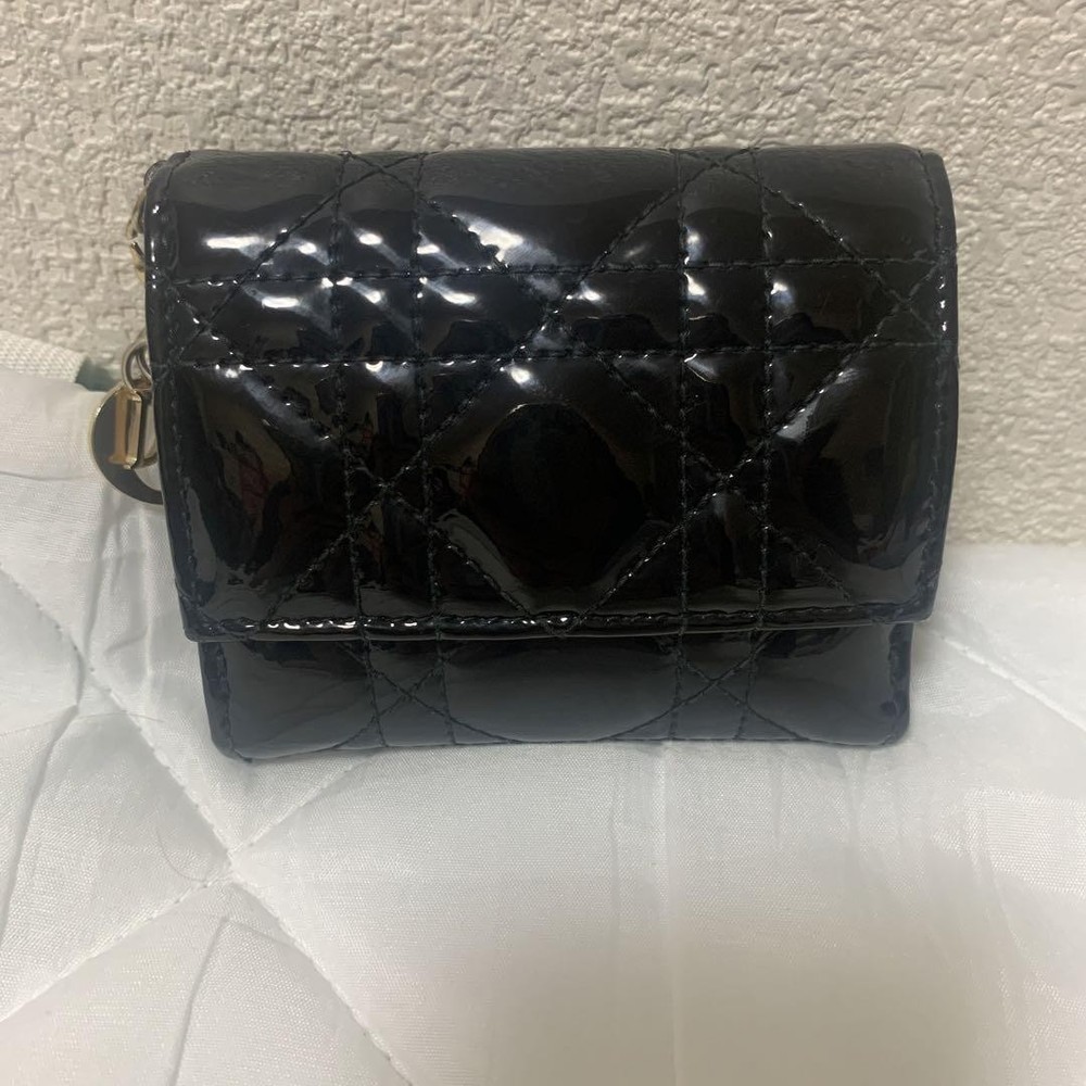 Dior Black Enamel Quilted Tri-Fold Wallet with Gold-Tone Hardware