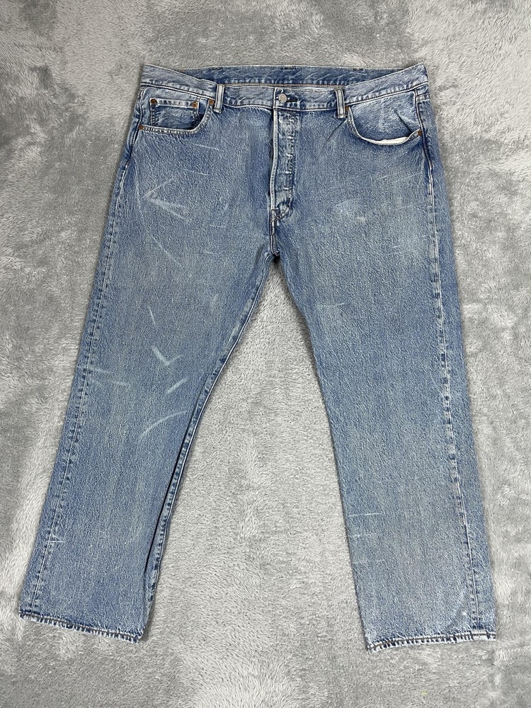 Levis 501 Jeans Mens 42x30 Blue Denim Button Fly Classic Straight Leg Distressed