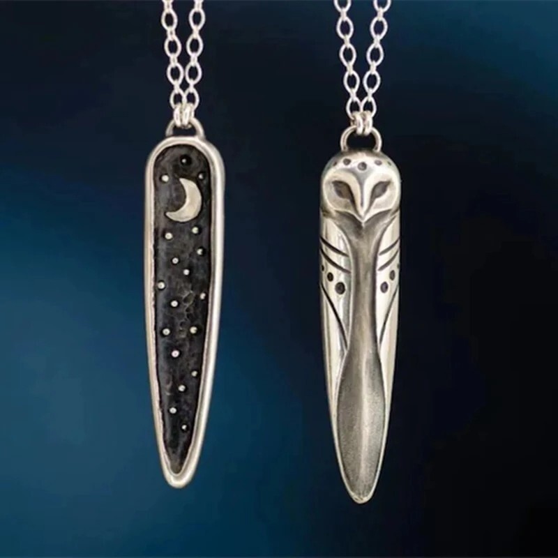 Boho Vintage Owl Moon Phase Pendant Necklace Silver Jewelry Gift for Women