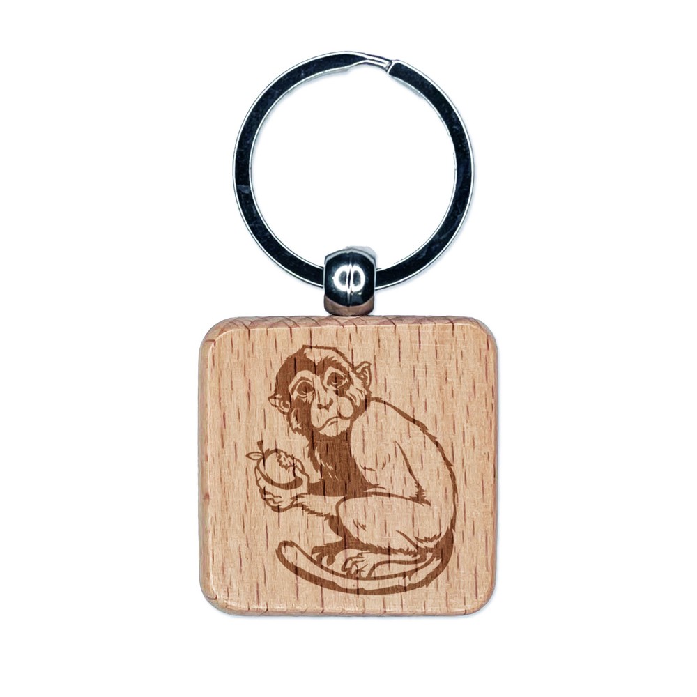 Monkey Eating Fruit Engraved Wood Square Keychain Tag Charm