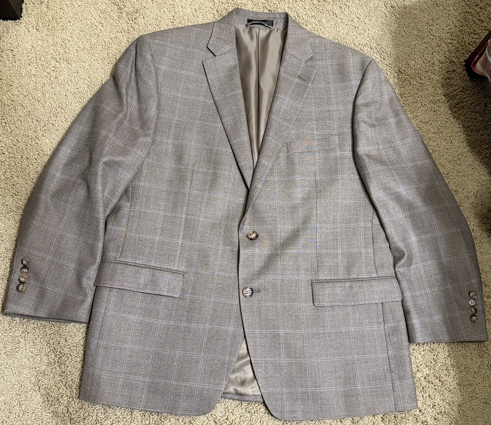 Lauren Ralph Lauren Mens Suit Blazer Jacket 44R Tan Brown Plaid Wool 47%Silk 53%