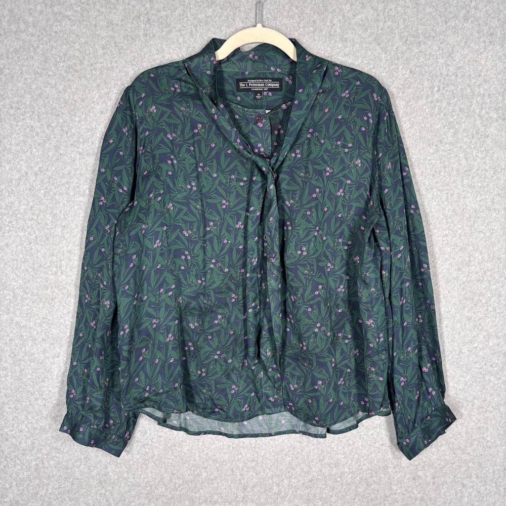 J Peterman Floral Tie Neck Blouse Medium Green Navy Buttons Feminine Maximalist