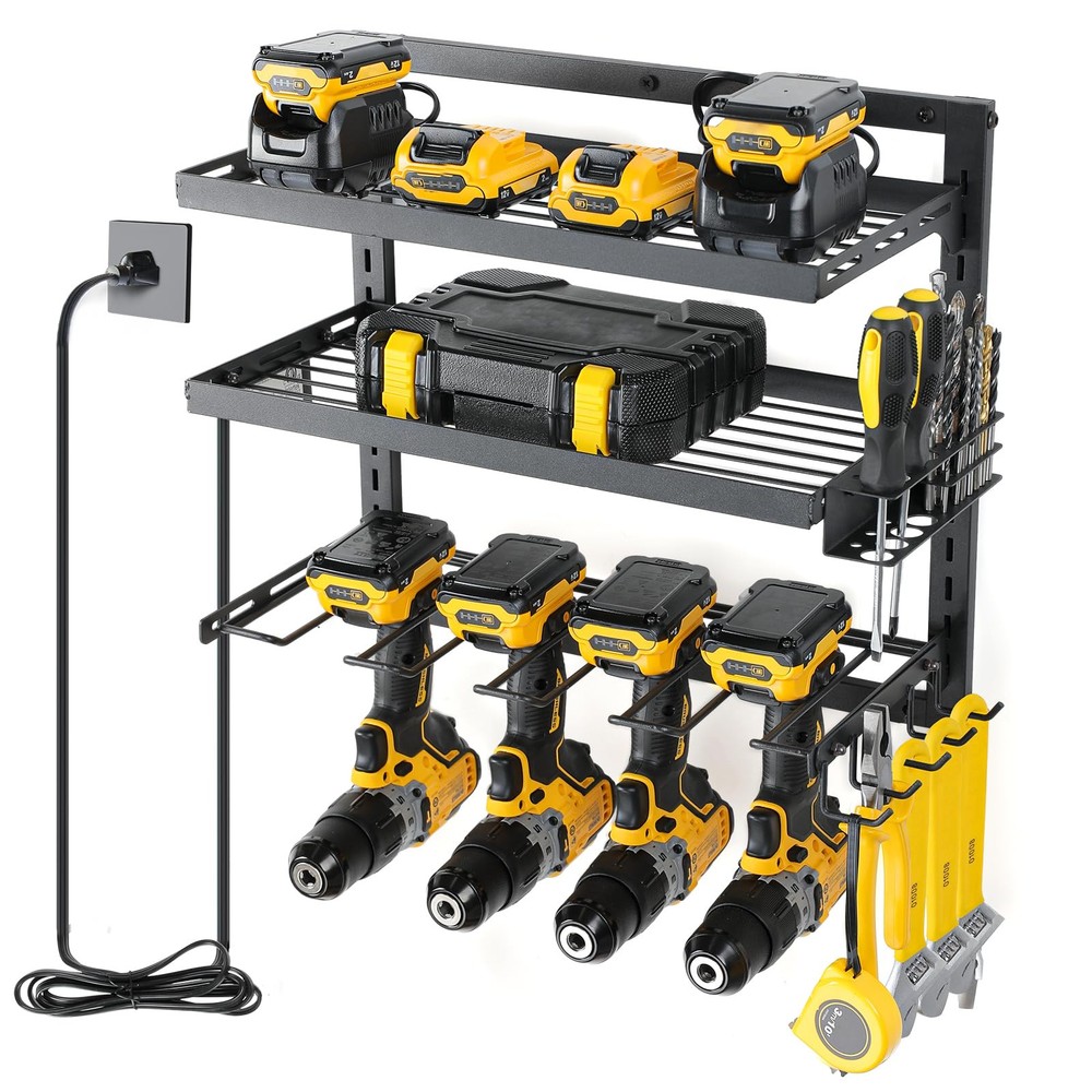 Wall-Mounted Power Tool Organizer with Drill Holder and Charging Station