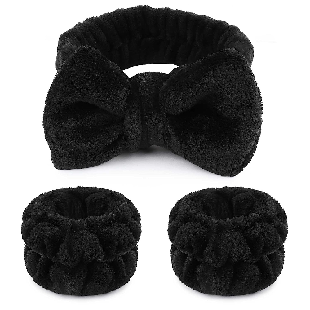 Black Fluffy Bow Tie Microfiber Spa Headband for Makeup