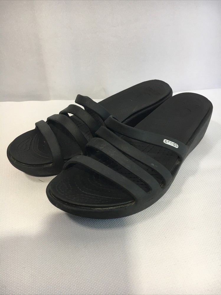 Crocs Womens Rhonda Slide Sandals with Wedge Heel and Adjustable Straps in Black Size 11