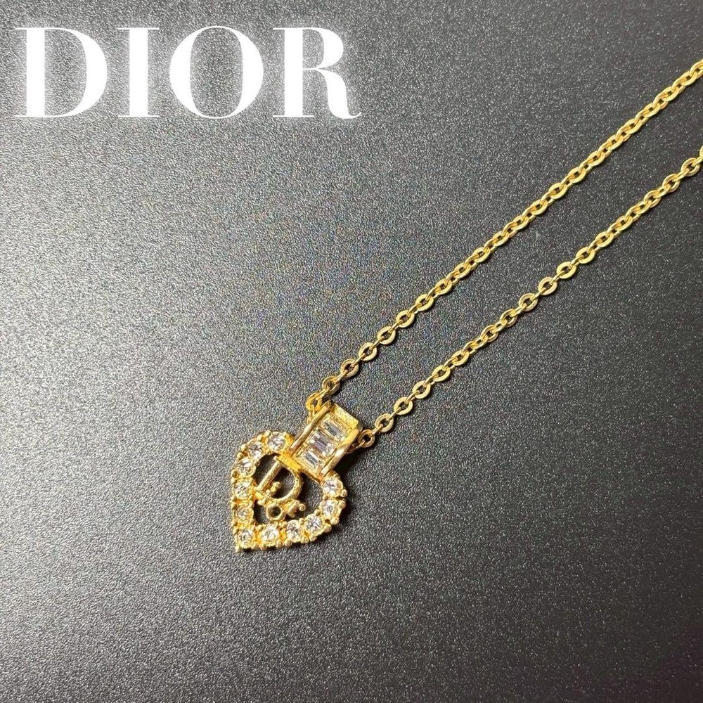 Vintage Christian Dior Heart Rhinestone Necklace Gold Tone Authentic From Japan RA