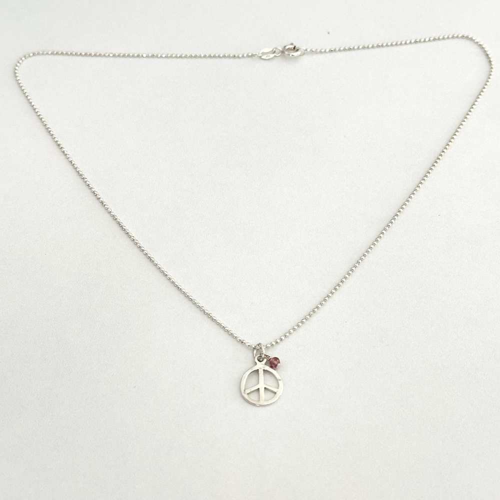 925 Sterling Silver Peace Sign Pink Crystal Pendant Bead Ball Chain Necklace