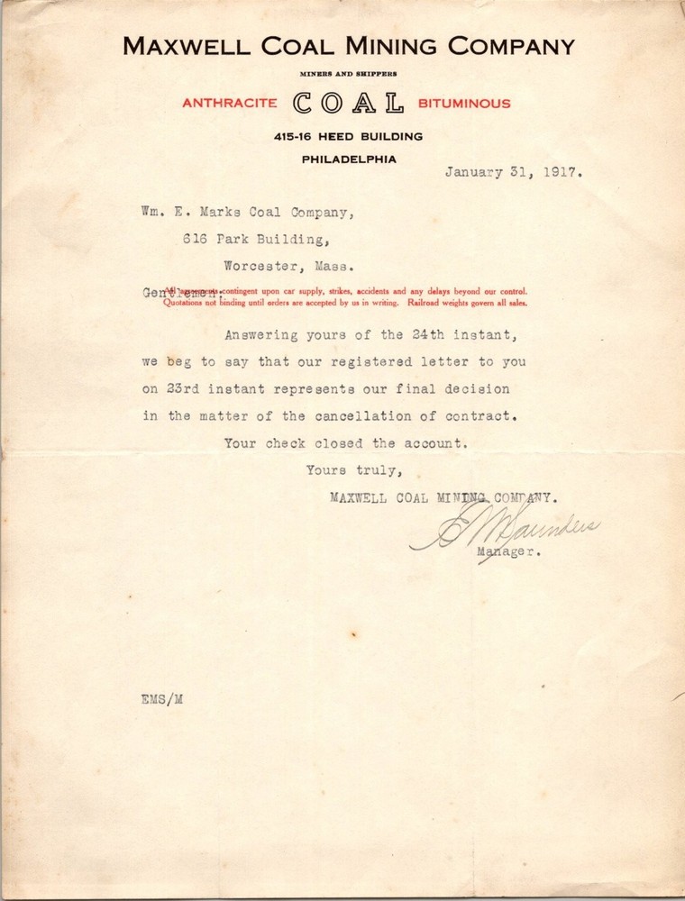 1917 Maxwell Coal Mining Company Letter Philadelphia Anthracite Coal