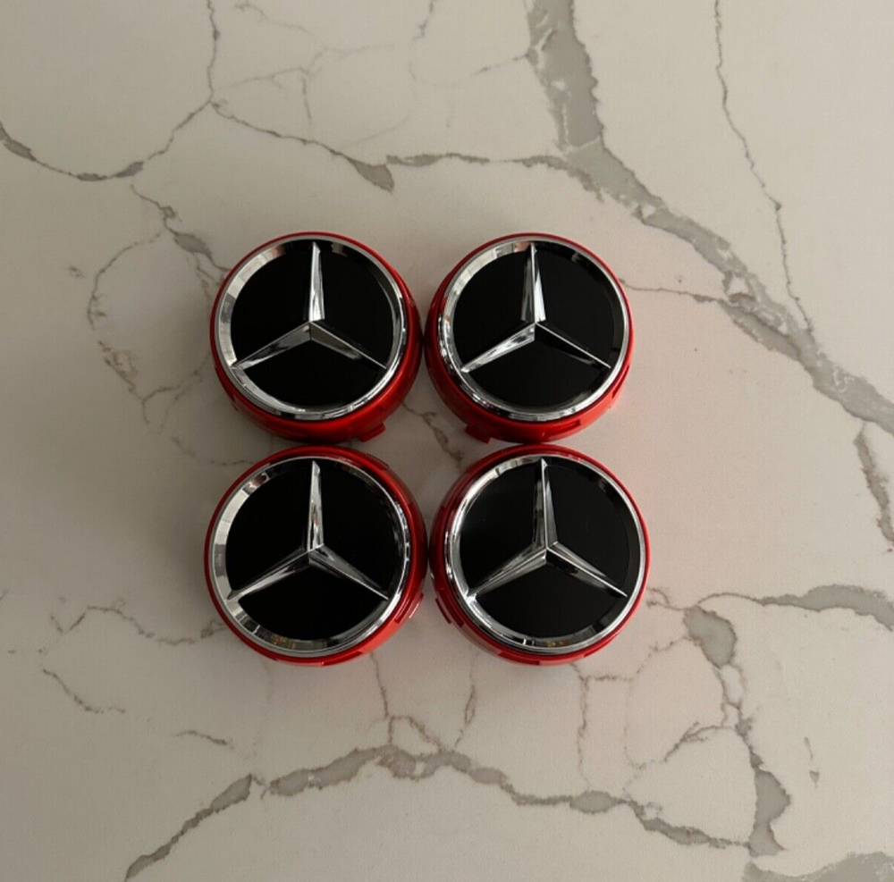 SET OF 4 MERCEDES RED CENTER CAP 75MM W/ CHROME STAR OEM 0004000900